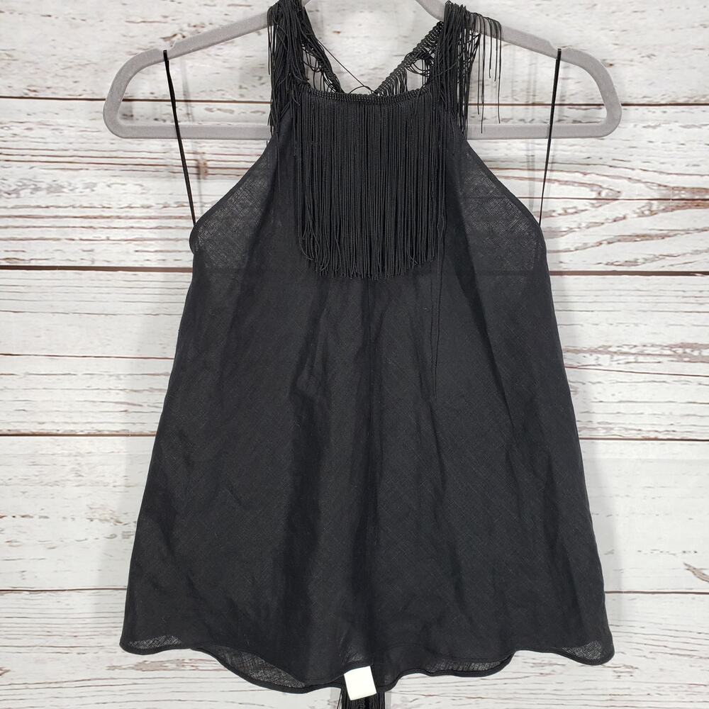 Zara New Women's Black 100%Linen Fringe Halter Top Size XS